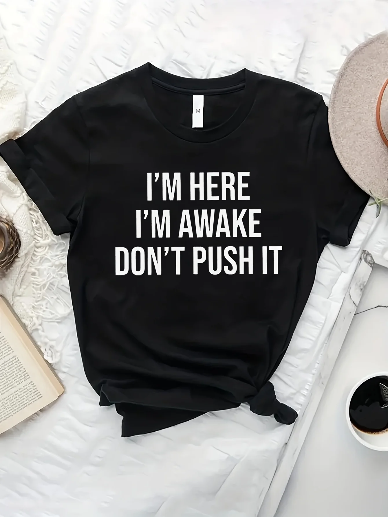 I'M AWAKE Letter Print T-shirt Women's Short Sleeve Crew Neck Casual Tops Graphic Fashion T Shirt Clothes Outfit Female Ladies