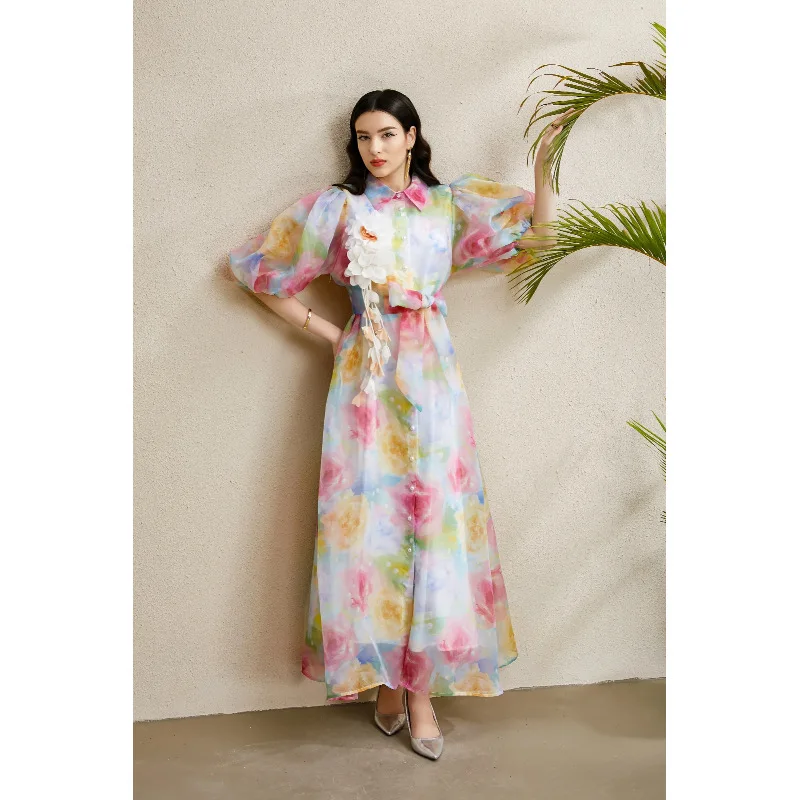 KAROLINA2025 Vestido de cuello festivo con estampado floral 3D de manga larga y manga abullonada para principios de otoño, es...