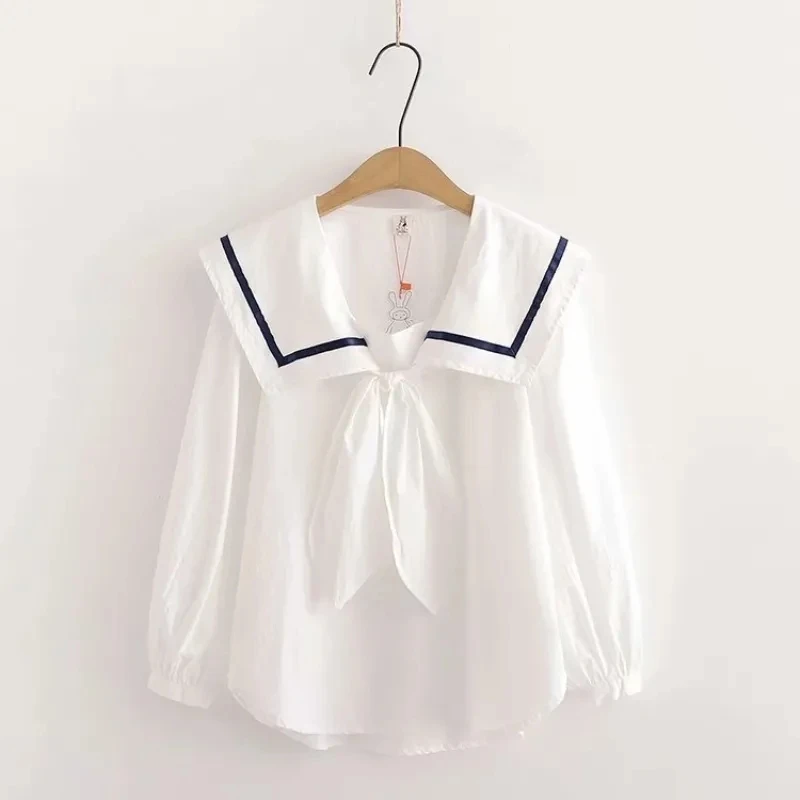 Girls' Shirt Spring and Autumn New Academy Style Navy Neck Bow Loose Top Children's Korean Long sleeved Shirt