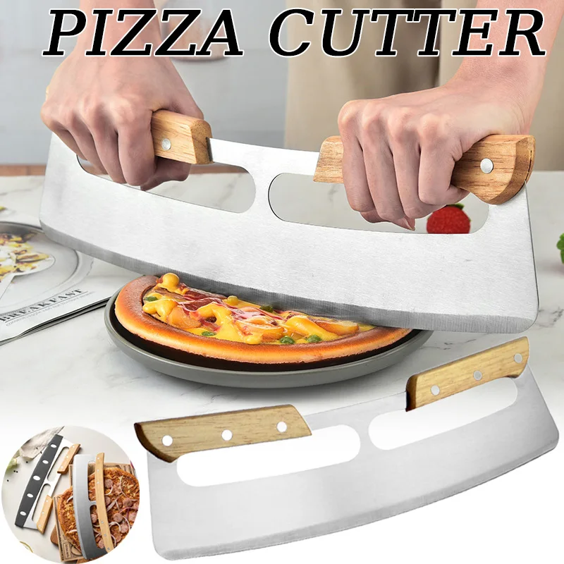 Holzgriff Edelstahl Pizzaschneider Pizza Rollmesser mit Schutzhülle Halbrundes Pizzamesser Küchenbackwerkzeuge