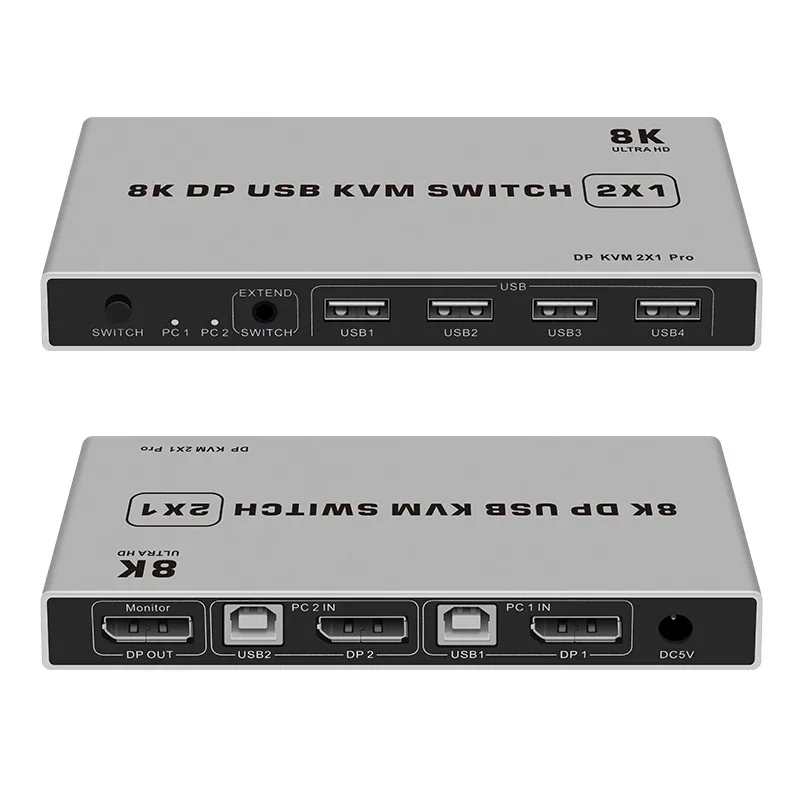 8K Dual-port DP USB KVM 2x1 Displayport KVM Switch 2 in 1 out 4K 60Hz 2-Port DP 1.4 USB KVM Switch Support Mouse Keyboad Printer