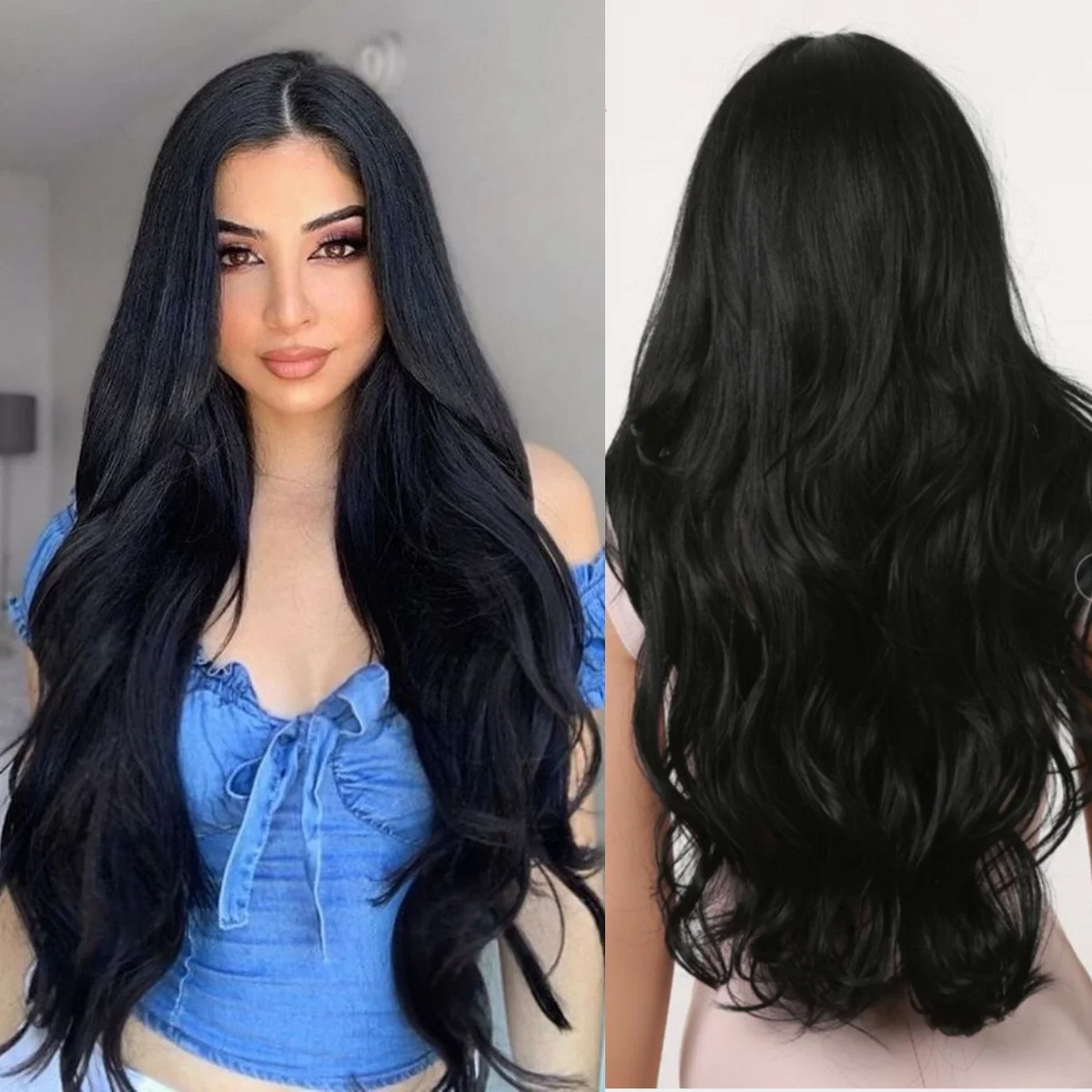 Long Wavy Black Synthetic Hair Wigs For Women Daily Party Cosplay Use Natural Long Curly Black Wig Heat Resistant Fiber