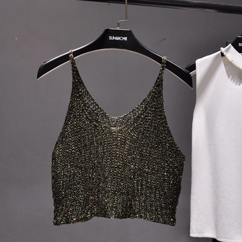 Sparkling Sequins Half Waist Render Knitwear Hollow-out Is Sexy Waist Condole Top Cropped  Sexy Streetwear   Woman Tops Summer