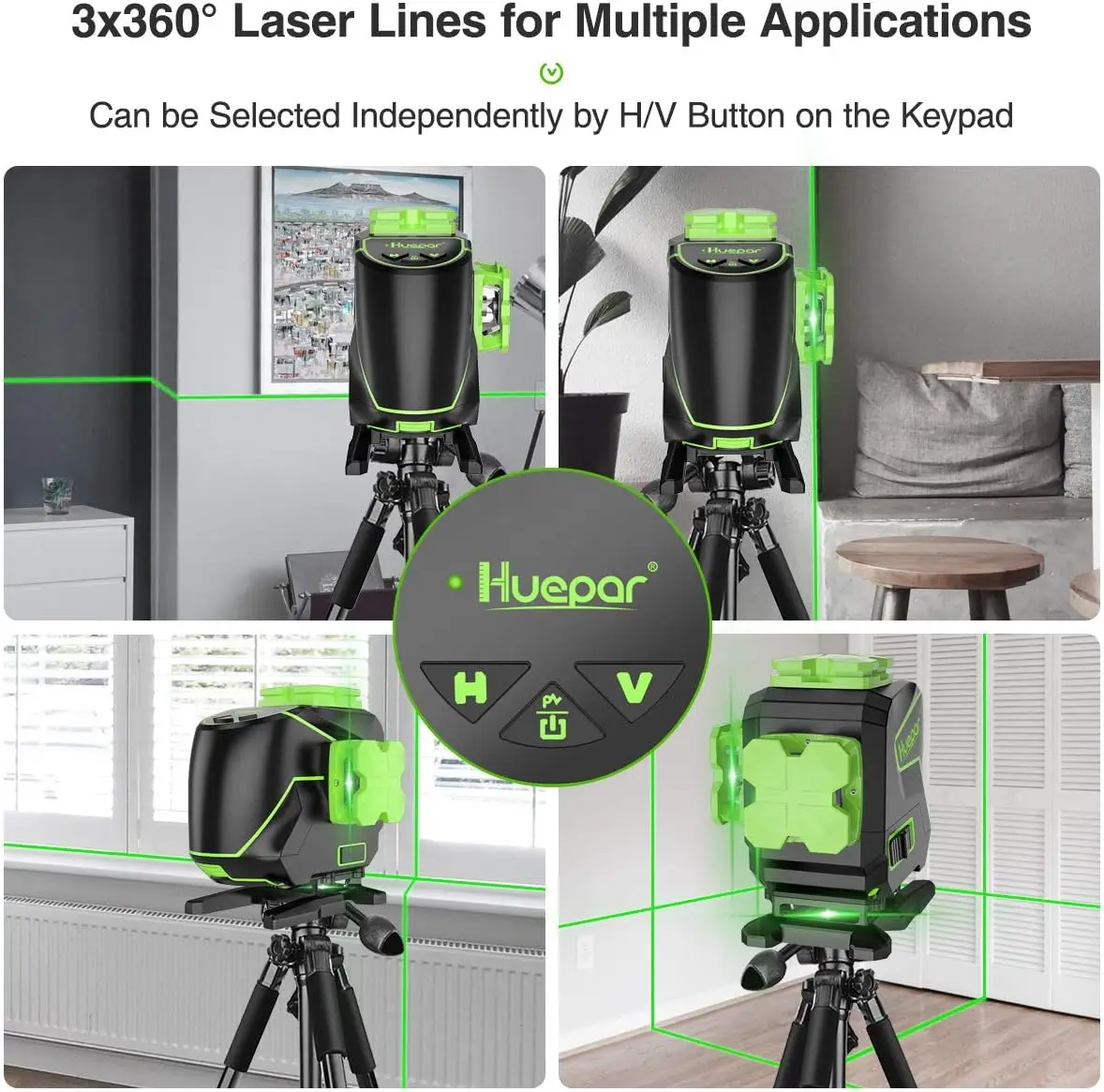 Huepar 3x360 Cross Line Laser Level 3D Self-leveling Osram Diode Green Beam Tiling Floor Laser Tools Vertical & Horizontal Lines