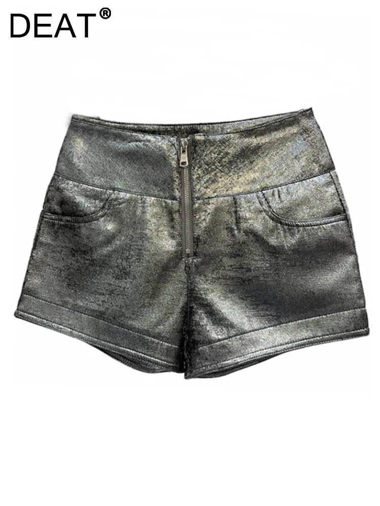 

DEAT Women's Shorts High Waist Slim Wrap Hips Cracked Coated Gold Silver Color Short Pants 2024 Summer New Fashion 33A1580