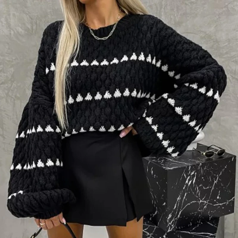 Casual O Neck Striped Knitted Pullover Sweater Lady Casual Crochet Lantern Sleeve Loose Sweater Office Elegant Patchwork Sweater