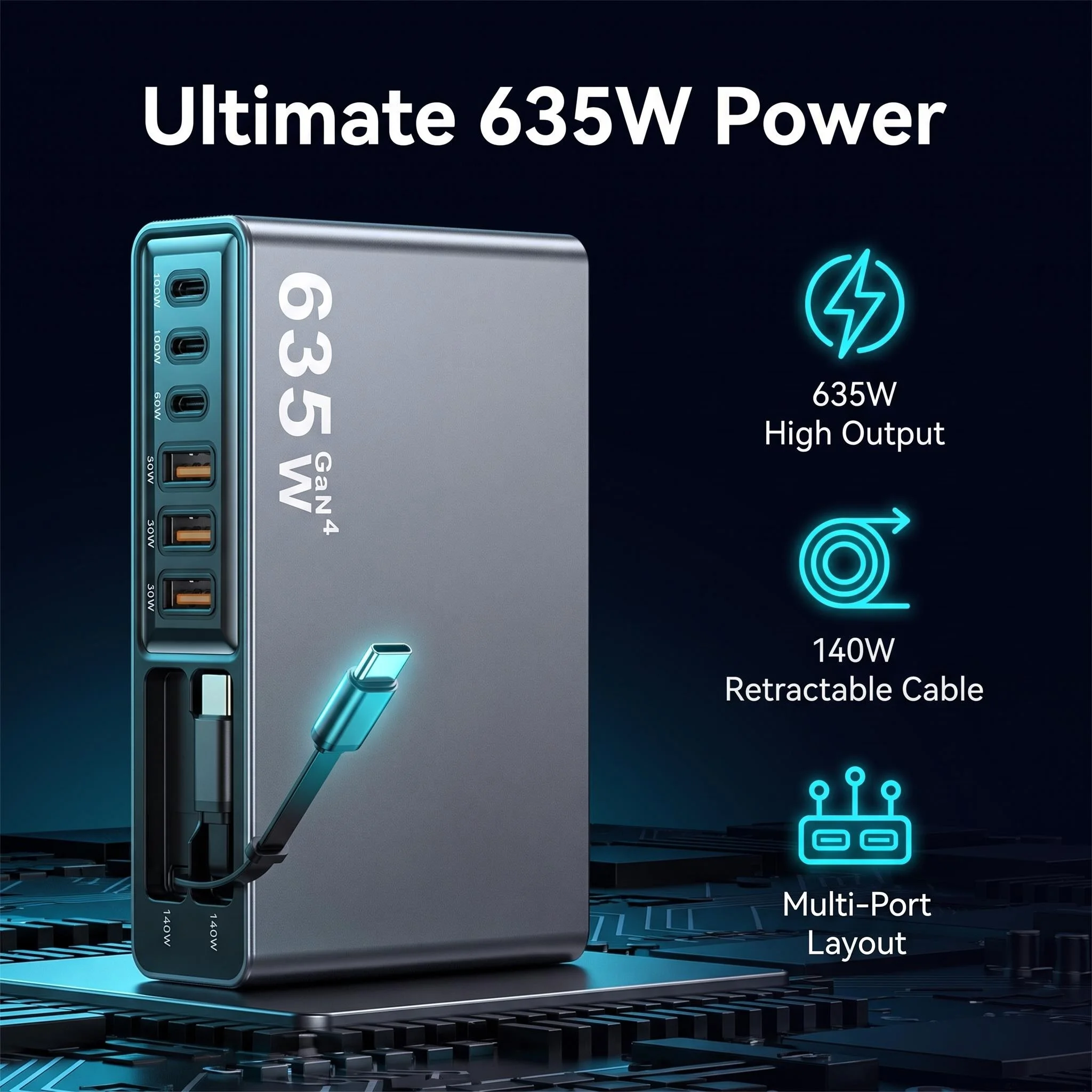 New 635W GaN Fast Charger with 140W Retractable USB C Cable Charging Station for iPhone Samsung Laptop Tablet Dropshipping