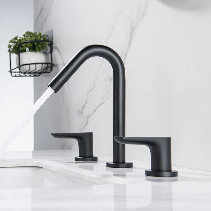 

Double Handle Three Hole Bathroom Basin Faucet Black 304 Stainless Steel Hot And Cold Mixed Washbasin Faucet Black Basin Tap