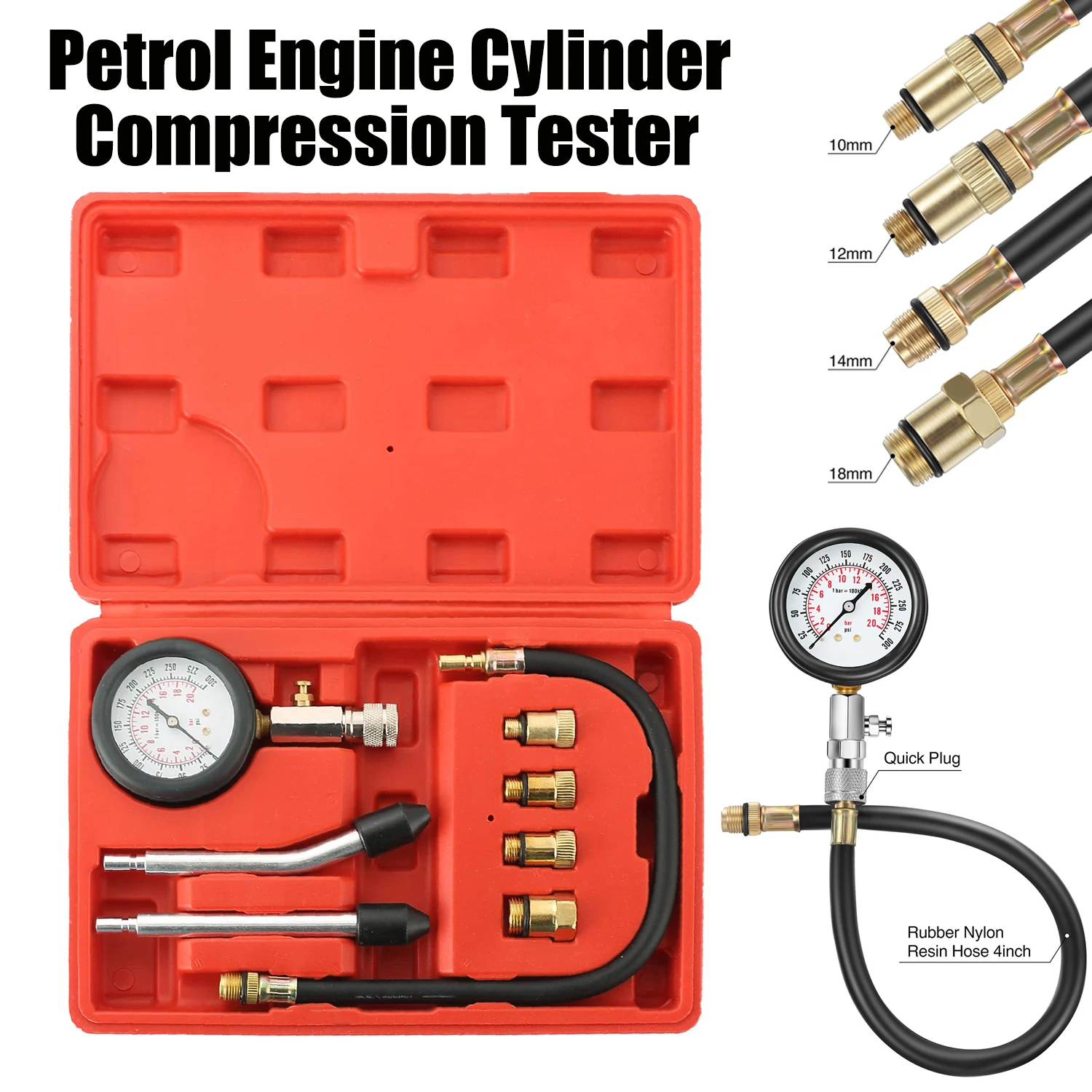 Kit de prueba de compresión de 8 Uds., medidor de presión de cilindro de motor de gasolina profesional, herramienta automotriz de 0-300 PSI para motocicleta y coche