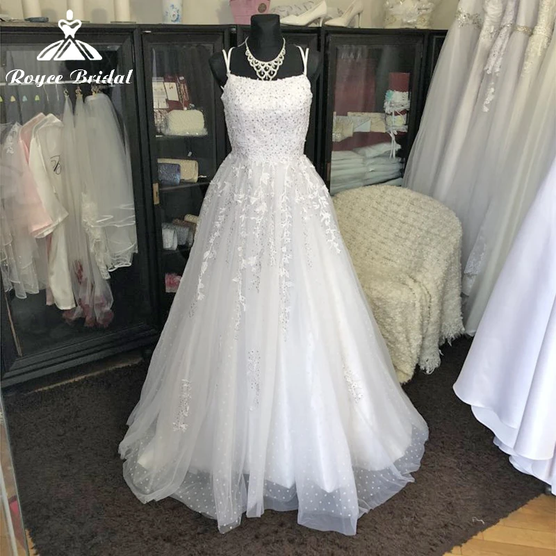 

Princess Exquisite Boat Neck Spaghetti Straps Back Lace Up Bow Appliques Ball Gown Wedding Dress Tulle Bridal Gown Sweep vestido