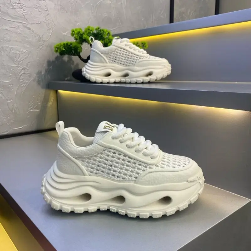 

UnisexWhiteMeshPlatformDadSneakers Hollow Wave Thick Sole Height Increasing Breathable Light Non Slip Summer Street Casual Shoes