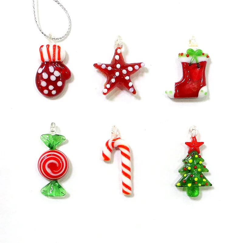 6pcs Cute Christmas Tree Candy Cane Gloves Socks Five Pointed Star Mini Charm Glass Pendant DIY Women Jewelry Making Accessories