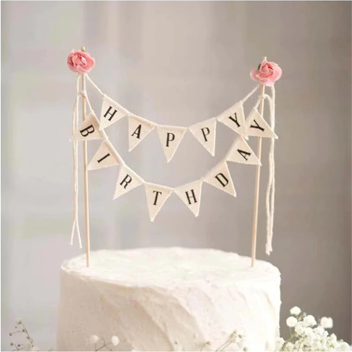 Happy Birthday Cake Bunting Topper Cake Topper Garland, Handmade Pennant Flags with Wood Pole Ivory (With Pink Rose)