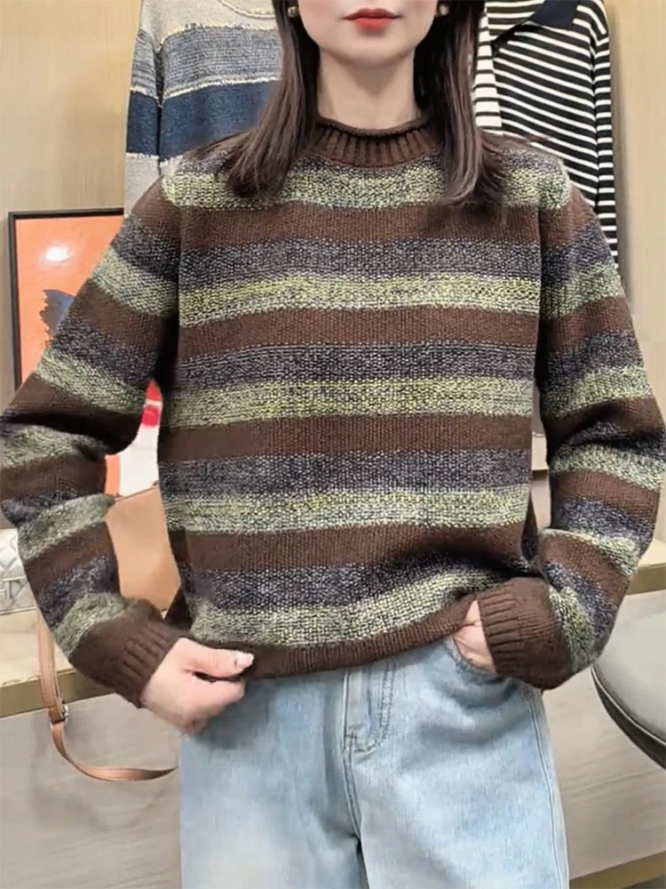 

Корейский винтажный полосатый свитер с круглым вырезом, больших размеров, стройнящий, универсальный, женский, теплый, шерстяной, с длинными рукавами