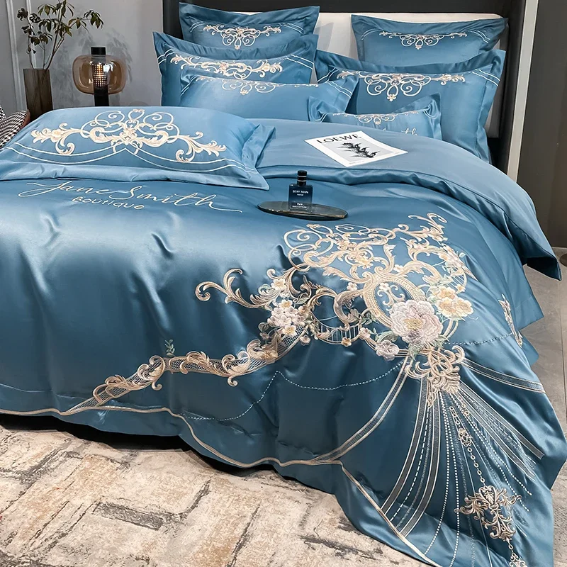 High-end European-style Luxury Embroidery Pure Cotton Duvet Cover Bed Sheet Pillowcases Silk Embroidery Wedding Bedding Set