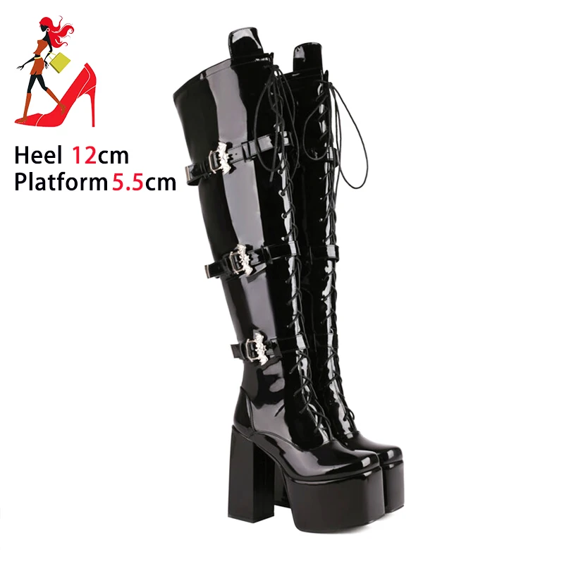 Over-the-Knee Boots Women Short Plush Winter High Heels Gothic style Platform Chunky Heeled Shoes Female Black Thigh High Boots