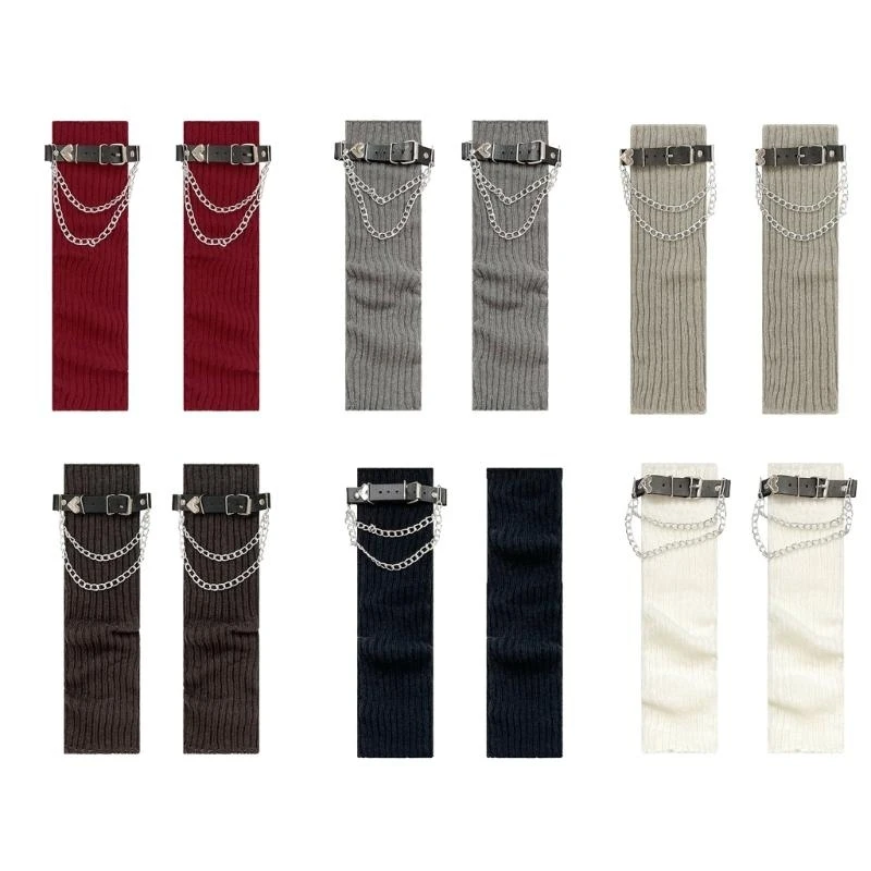 

Женские гетры в стиле Харадзюку в готическом стиле, вязаные ботинки в рубчик, топперы с цепочкой в ​​виде сердца, кожаный носки