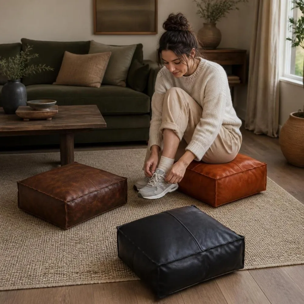 Large Capacity Square Pouf Cover Removable No Fillings Storage Leg Bench Solid Color Minimalist Sofa Stool Cover Entryway