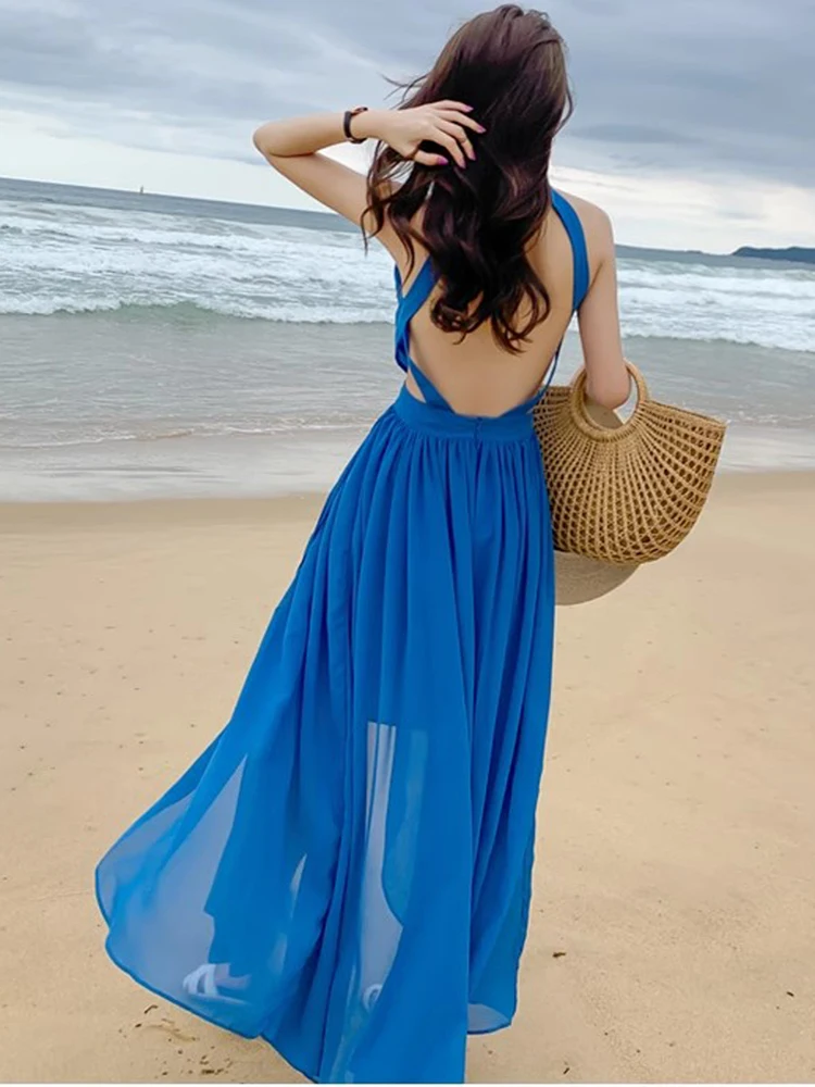 Vestido longo de chiffon feminino, robe sexy sem costas, cintura alta, azul escuro, cabeceira, casual para praia e férias, boho fashion, verão
