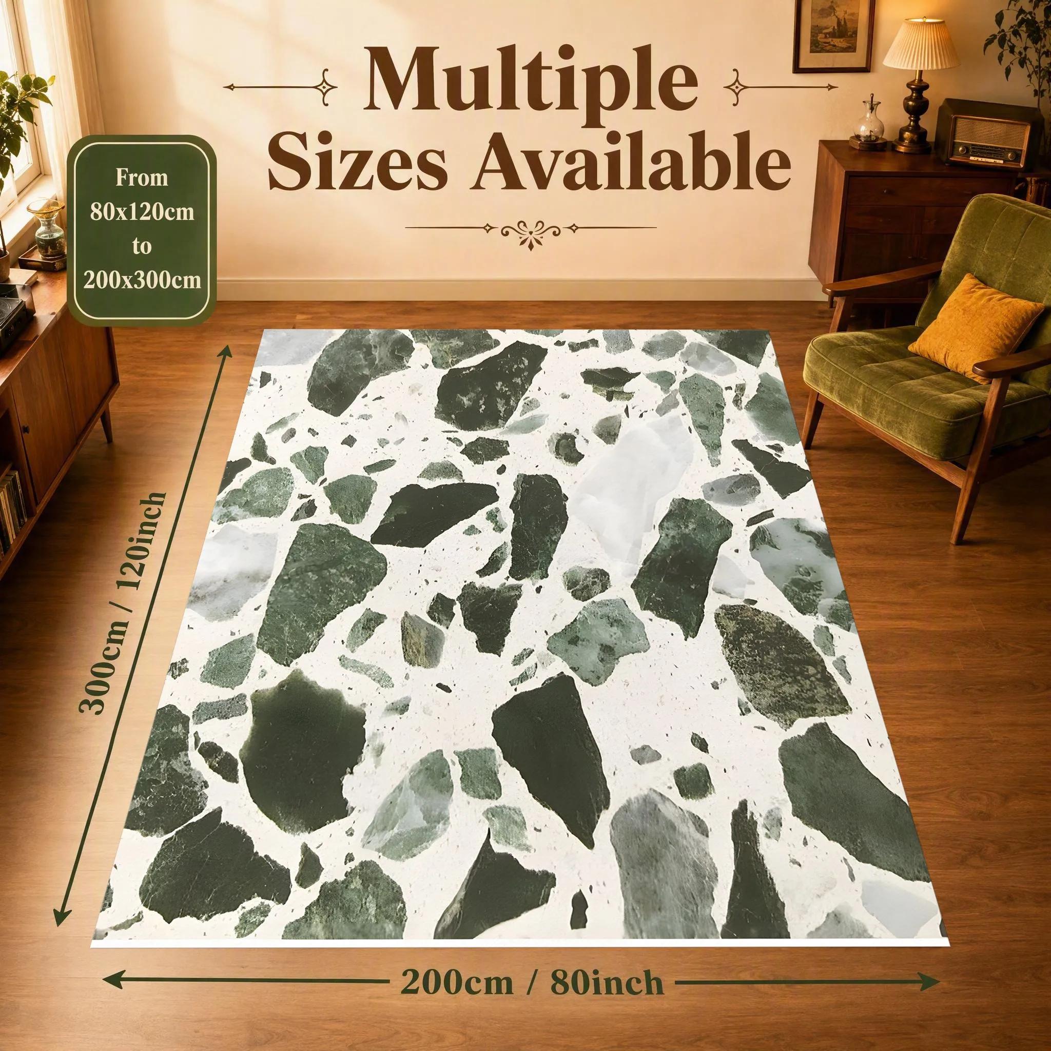 Green Terrazzo Pattern Rug, Modern Minimalist Carpet for Living Room Bedroom, Seasonal Home Decor