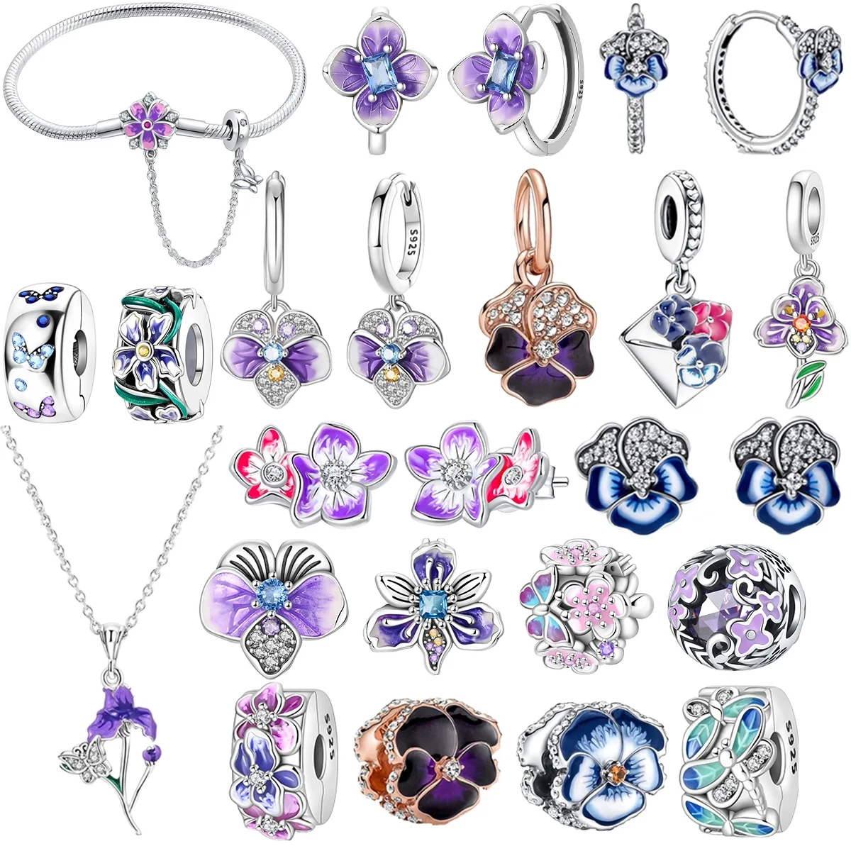 جديد 925 فضة بانسي الأرجواني الأزرق زهرة سحر البرسيم القرط حبة زهر ماغنوليا قلادة أساور يدوية مجوهرات