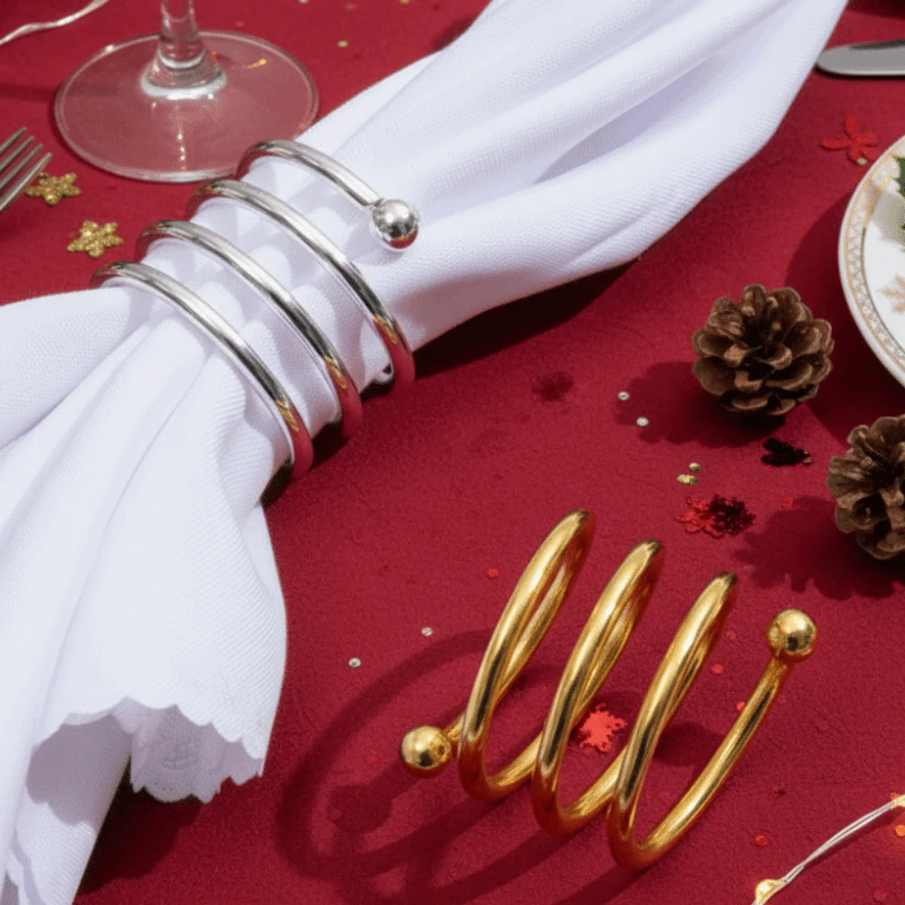 

Reusable Spring Shape Napkin Ring Gold/Silver Christmas Napkin Buckle For Thanksgiving Wedding Double Beads Table Napkin Holder