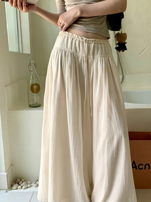 

Texture Wide Leg Pants Women High Waist Loose Pleated A-Line Maxi Skirt Pants Drawstring Casual Cotton Polyester