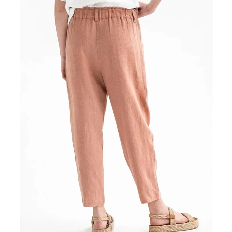 2025 Spring Summer Womens Cotton Linen Elastic Mid Waist Trousers Fashion Loose Wide Leg Pants Patchwork Pockets