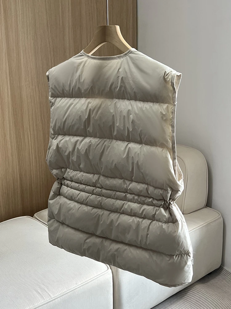 الخريف الشتاء الرباط خفيفة الوزن أسفل سترة الإناث الخامس الرقبة عادية مبطن سستة الصدريات النساء الأبيض بطة أسفل سترات فضفاضة