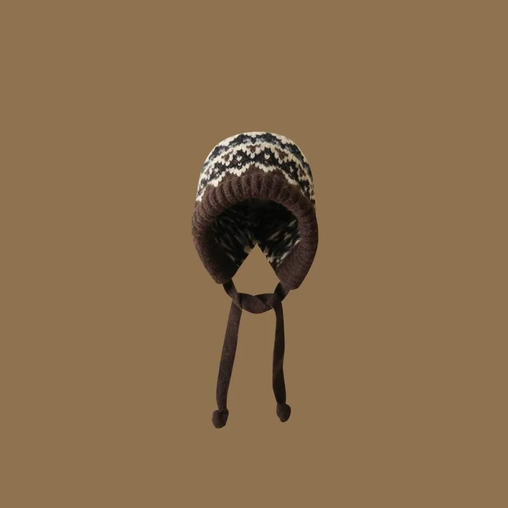 Cute With Strap Jacquard Knitting Hat Wind-Resistant Warm Pullover Bonnets Lace up Ear Protection Beanies Cap
