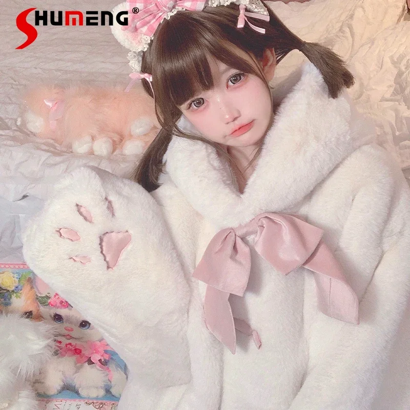 

Japanese Sweet Cute Plush Lolita Outerwear Jackets Soft Girl Padded Cotton Short Faux Fur Coat Thickened Warm Winter Coats Women