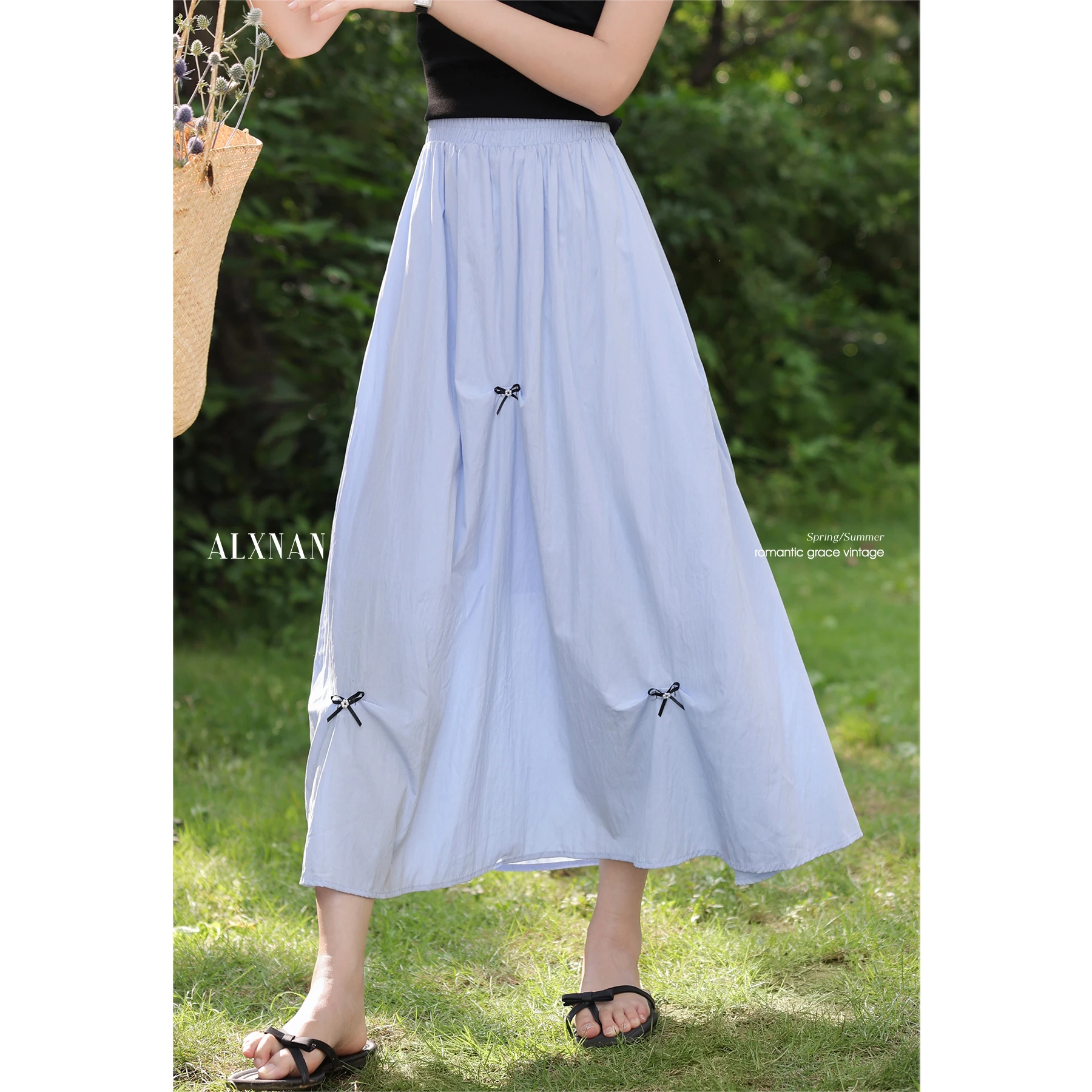 

ALXNAN Women Blue Skirt Fashion Bow Design High-waist A-line Long Skirt 2025 Summer Elastic Waist Casual Female Clothing L56203