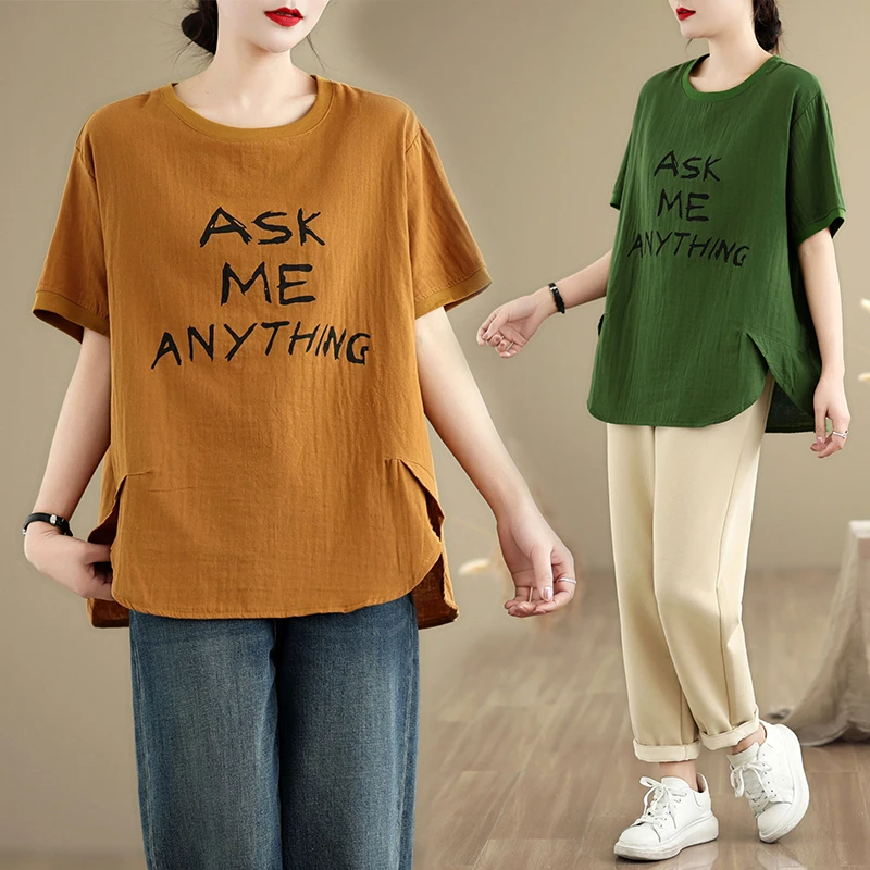 

Women Summer New Cotton Pullover Letter Print Casual T-shirt Loose Hem Split-ended Short-sleeved Shirt Tops Tees