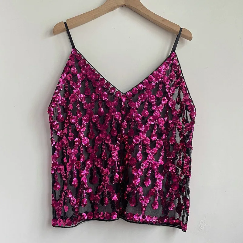 2024 Summer New Stacked Sequined Bead Sling Suspender Sexy Slim Fit Cropped V-Neck Mesh Spice Girl Ins Camis Chic Top