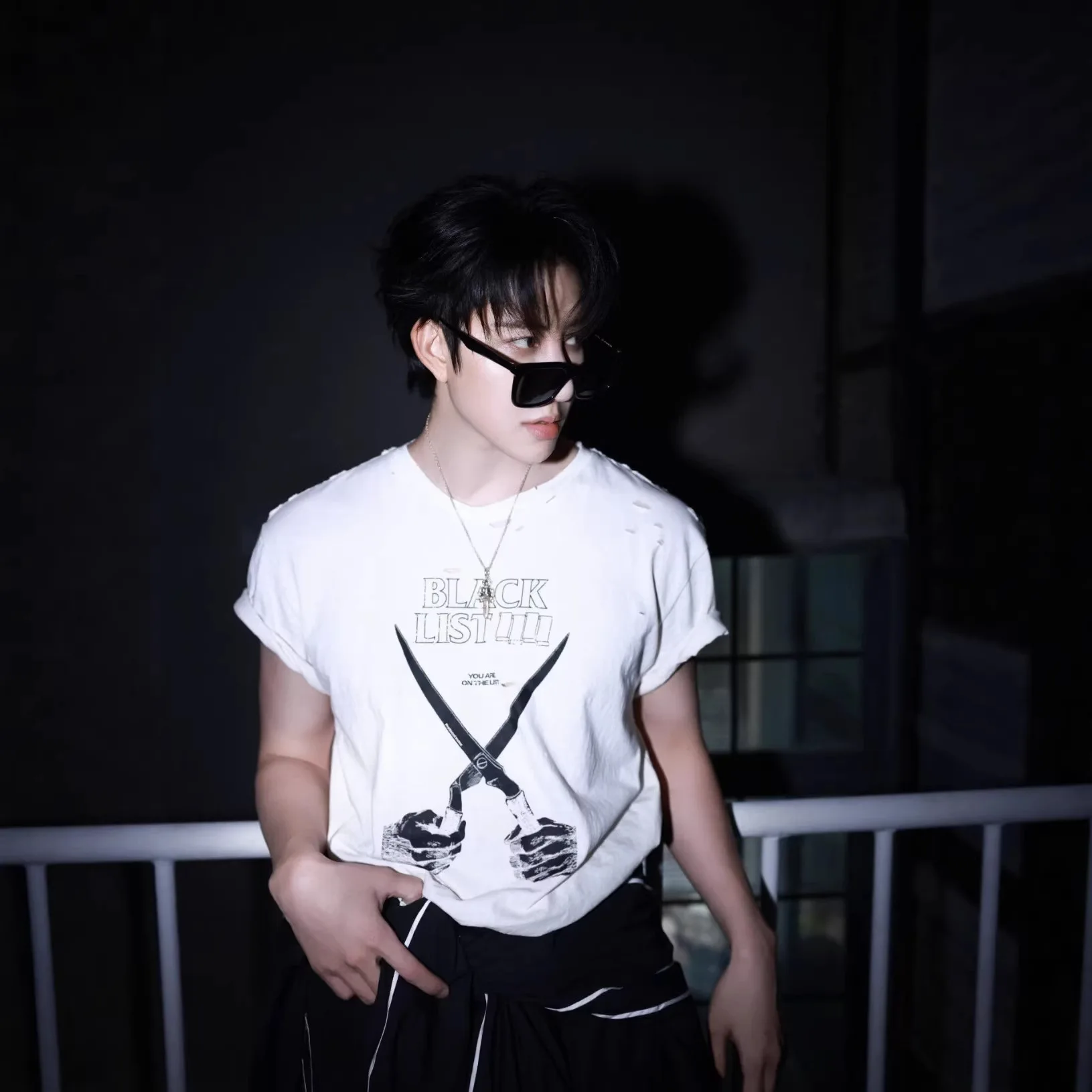 Project G/R Washed Antique Cut-and-Paper Torn Black Flag Band Scissors-Hand Short-Sleeved American Casual T-Shirt Grailz