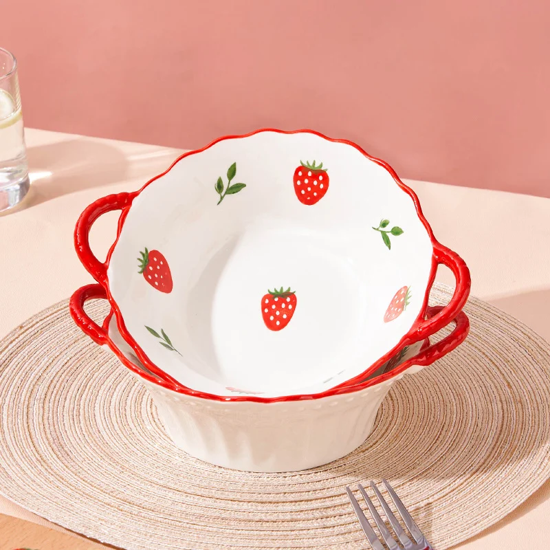 1/2pcs 8-Inch Ceramic Strawberry Ramen Bowl Set – Japanese Cute Design for Noodles & Salads – Microwave Safe, Perfect for Fruit