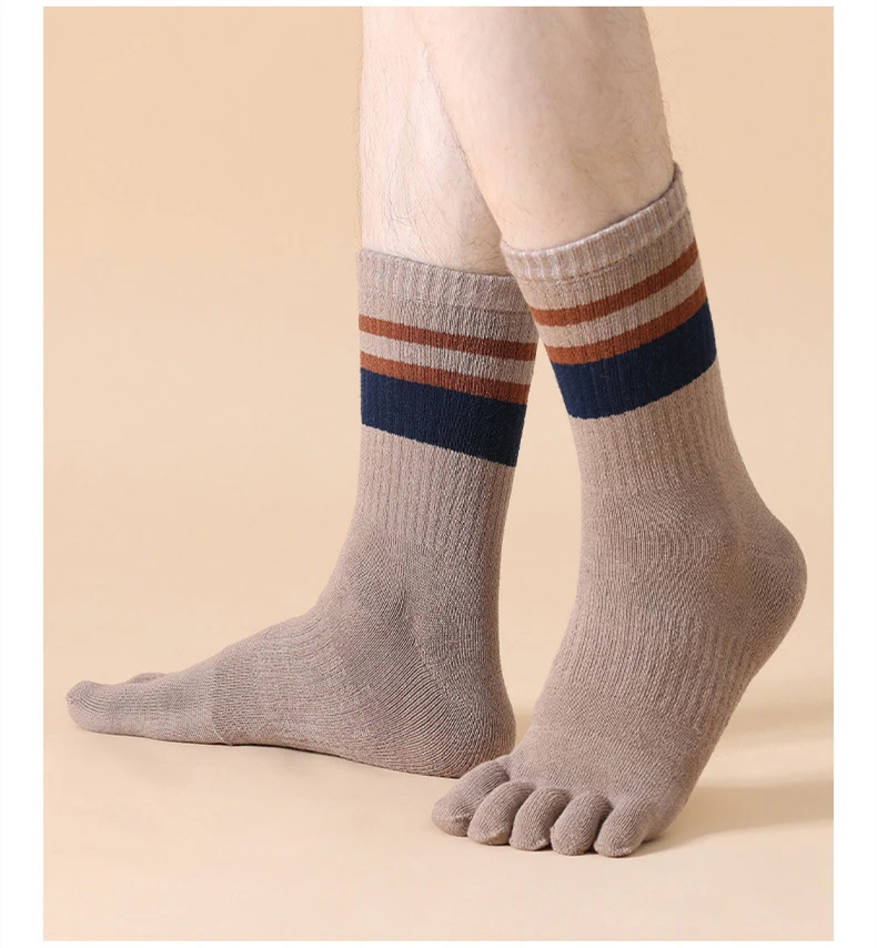 5 Paar Frottee-Zehensocken für Herren, Baumwolle, gestreift, dick, weich, elastisch, schweißabsorbierend, warm halten, Partykleid, lange 5-Finger-Happy-Socken – Detail 10