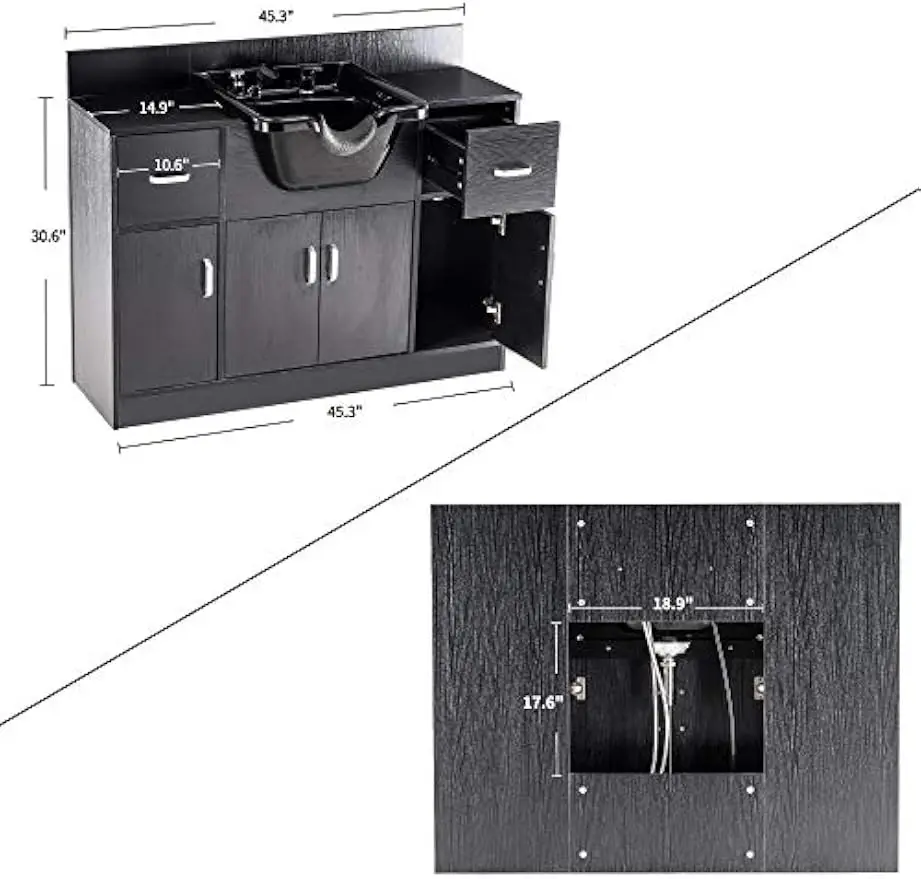 Multi Functional Salon Shampoo Bowl Station, Barber Backwash Sink Cabinet, Beauty Spa Equipment With Faucet Sprayer, Storage Organizer Furniture Unit, Modern Professional Black Set
