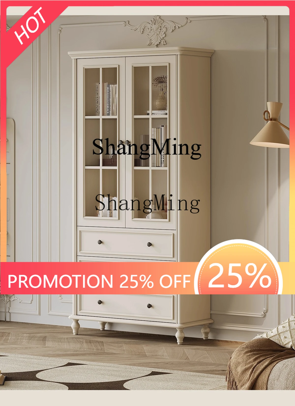 

FG good-looking solid wood with glass door cabinet white four-door living room display study shelf storage cabinet