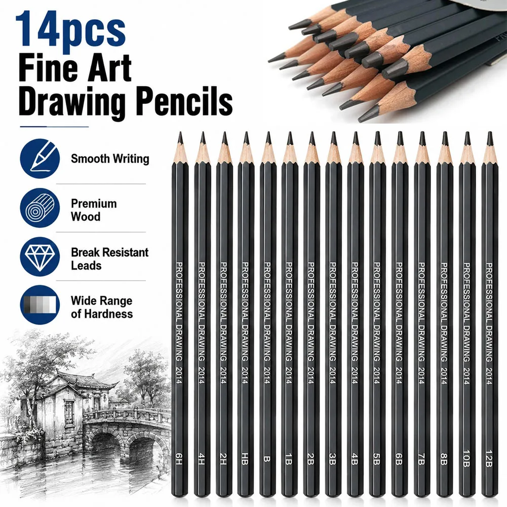 14Pcs/Set Sketch Drawing Pencil Wooden Professional Art Supplies Hard/Medium/Soft Sketch Charcoal Pencils Drawing Pencil Set