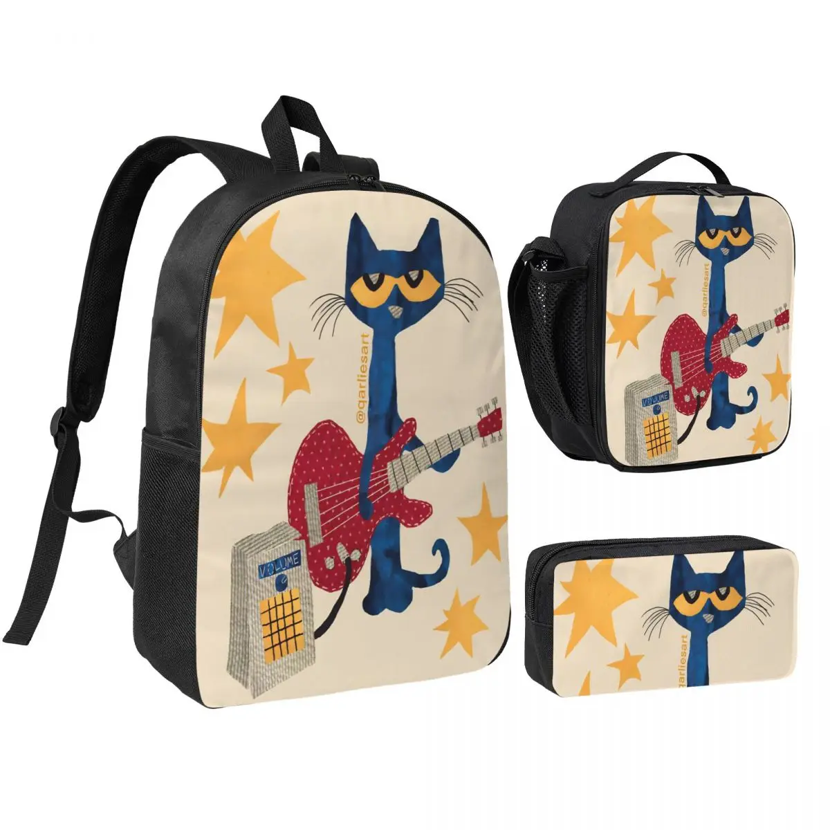 3Pcs Pete The Cat School bags Set for Boy Girl Pen Bags Backpack Sets with Lunch Box For School Students Daypack