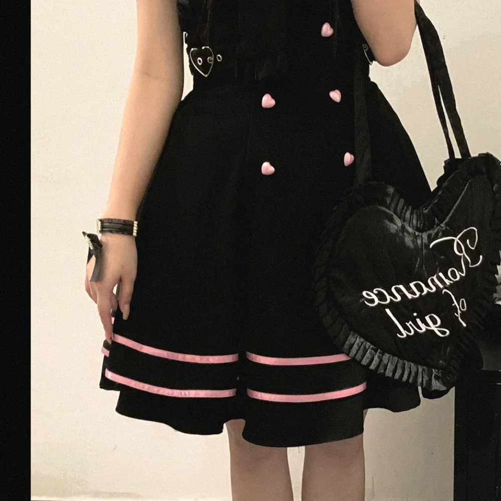 SOIOMES 【Love Song】Cinta de seda japonesa Kawaii, falda con tirantes azul sólido, falda acampanada con tirantes de medio cuerpo adelgazante de amor