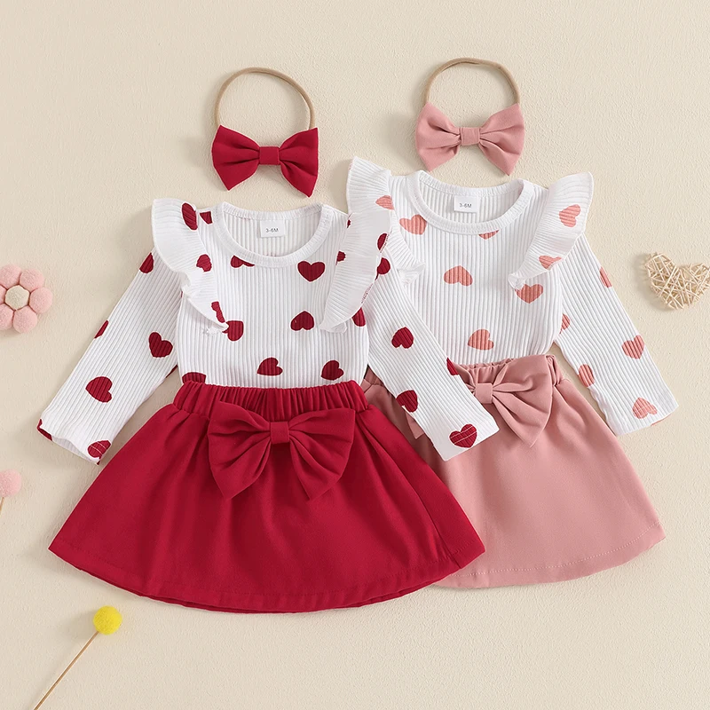 Baby Girls Outfits Set 3 Piece Valentines Day Clothes Heart Print Long Sleeve Ruffled Ribbed Tops and Bow Short Skirt Headband