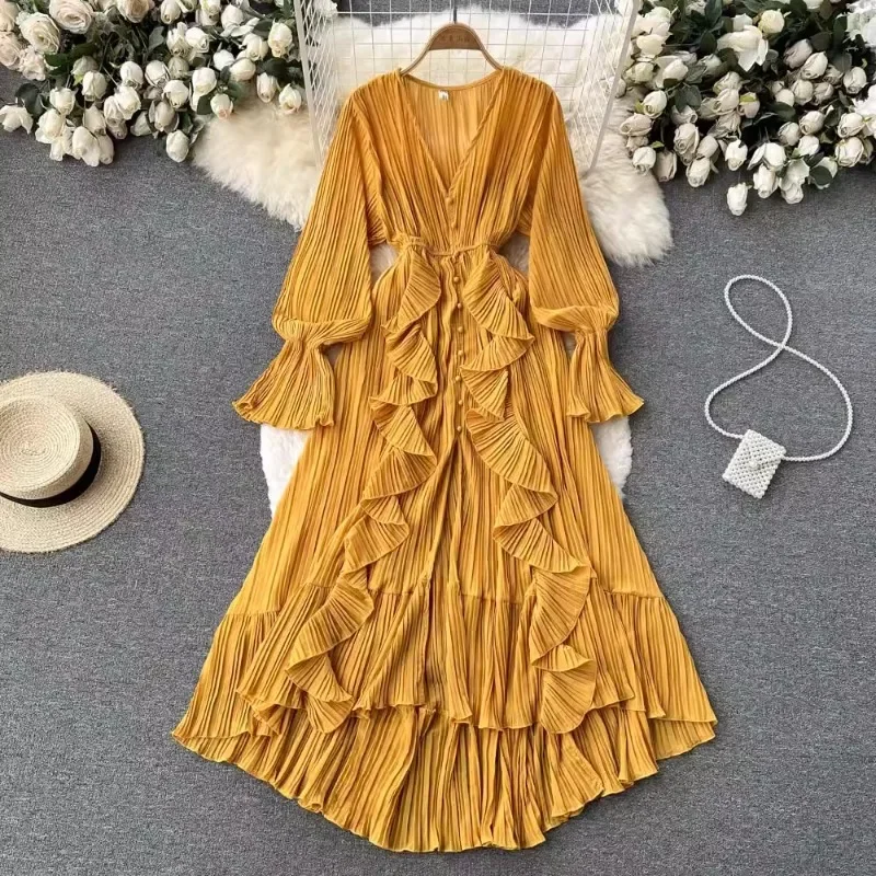 Seaside Holiday Long Dresses Women's Fairy V-neck High Low Chiffon Irregular Dress Ruffles  Waist Long Sleeves Pleated Dresses