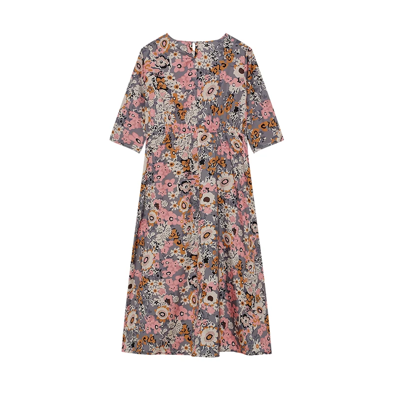 Spring Summer Printed Round Neck Casual Set Loose Long Dress with Pockets Middle Sleeve Cross-Border Women's Fashion