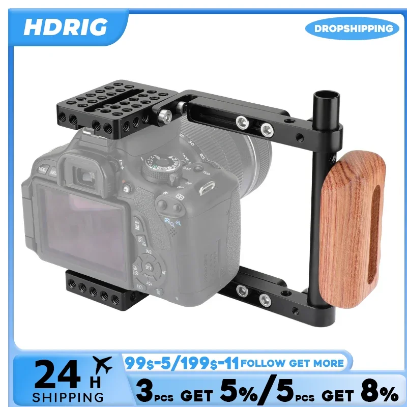 HDRIG Camera Half Cage Kit With Wooden Right-side Handgrip & Adjustable Mounting Plates For Canon 600D 70D 80D