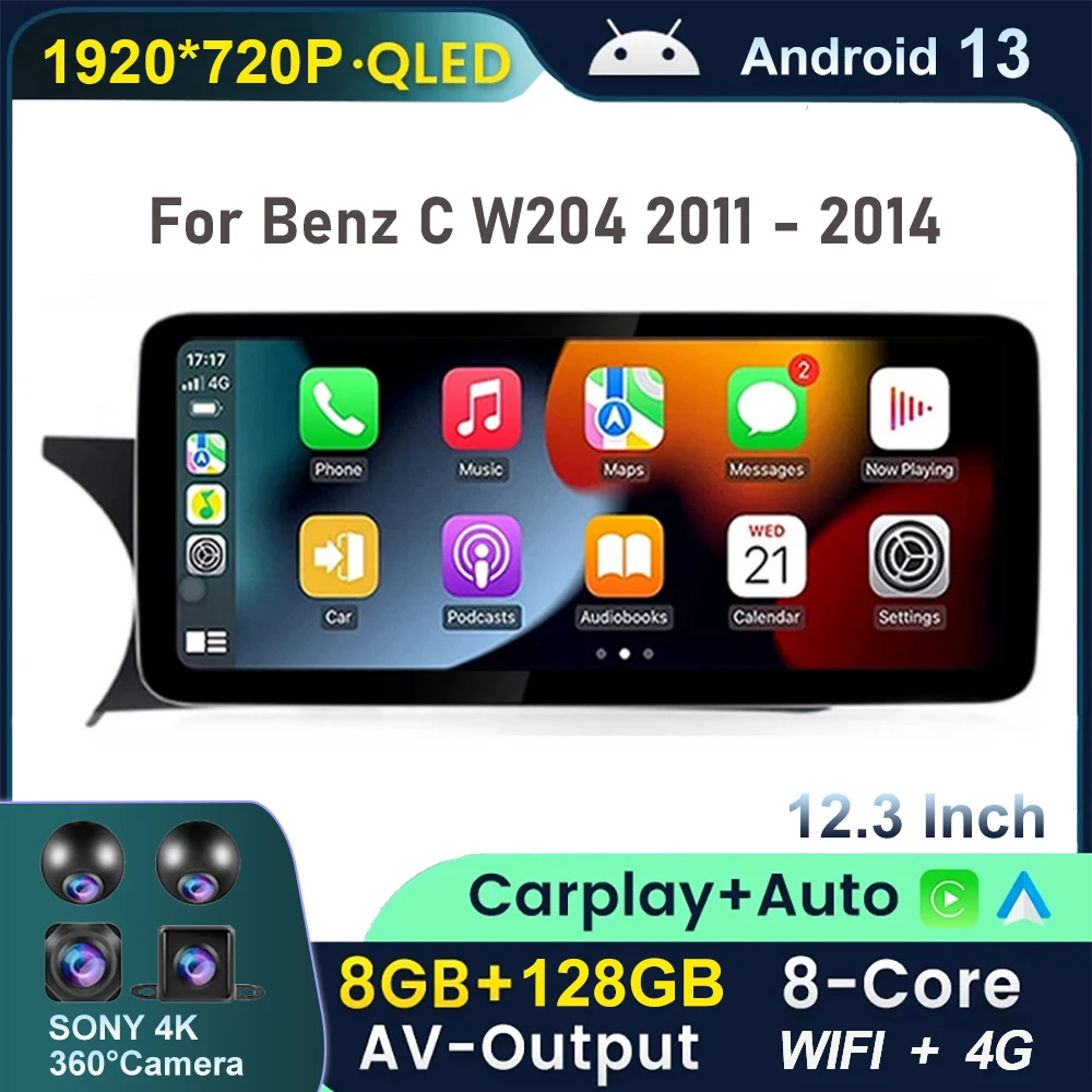 

12,3 дюймовый Android 13 для Benz C W204 2011 - 2014 QLED сенсорный экран автомобильные аксессуары для Carplay мониторы мультимедийный плеер радио