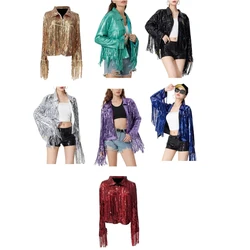 F42F Women's Sequins Tassels Long Sleeve Fringe Short Jackets Open Front Outerwear