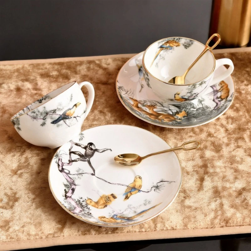 Retro British Bone China Jungle Flower And Bird Coffee Cup And Plate Set Afternoon Tea Gift Souvenir