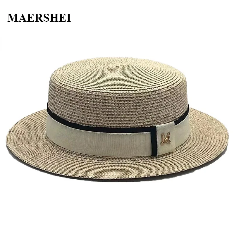 Women Hats Ladies Sun Boater Flat Hats Simple Stylish Straw Sun Hat Elegant Braided Hat Female Sunshade Shine Flat Cap